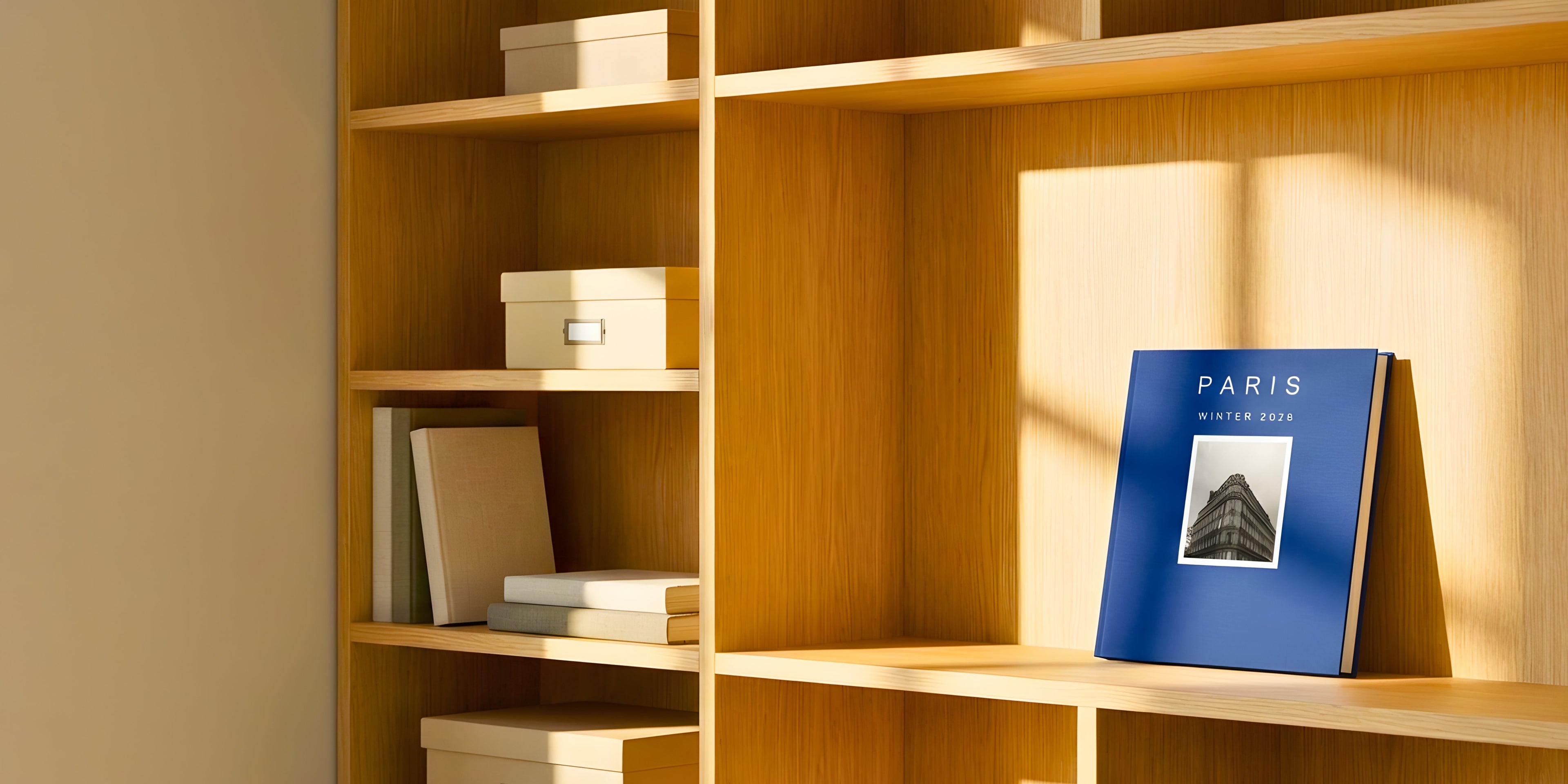 Wooden bookshelf with books and a blue book titled 'Paris' on a beige wall background